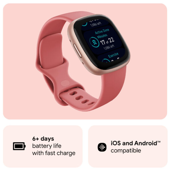 FITBIT Versa 4 Smartwatch Aluminium Elastomer, S/L, Pink Sand/Copper Rose – Bild 3